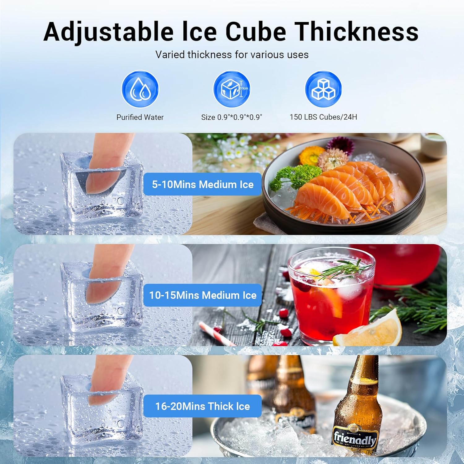 Commercial Ice Maker Machine, 150Lbs per Day Under Counter Ice Maker with 50Lbs Storage Bin, Produces Ice in 8-15 Mins, Freestanding Design for Restaurant, Bar, Home & Outdoor Use