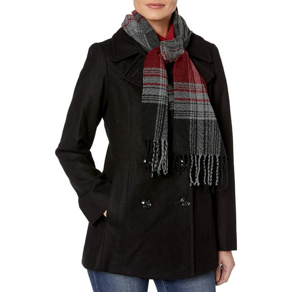 LONDON FOG Women's Plus-Size Double Breasted Peacoat with Scarf Large Black