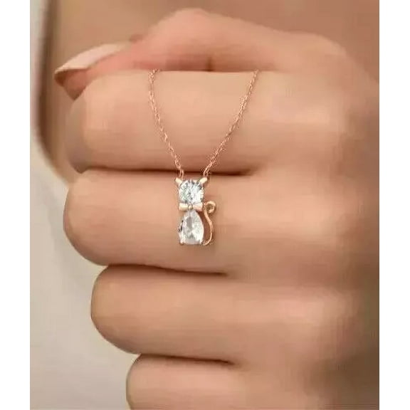 2 Ct Round White Diamond Women Cute Tiny Cat Pendant 14K Rose Gold Plated