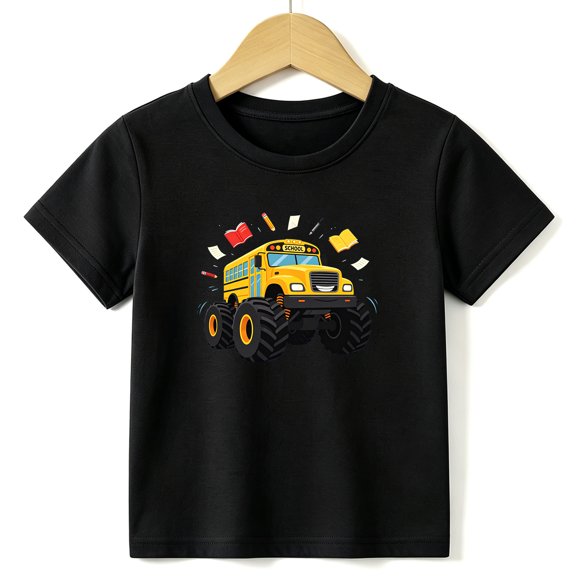 Boys Graphic Tees School Bus Kids T Shirt Monster Truck 100% Cotton Short Sleeve Soft Tops 4-13Y Black