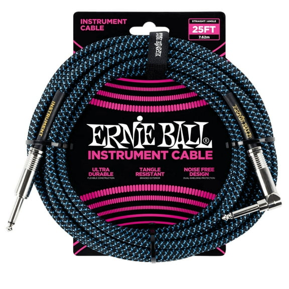 Ernie Ball 25 ft Braided Instrument Cable, Straight/Angle, Blue & Black