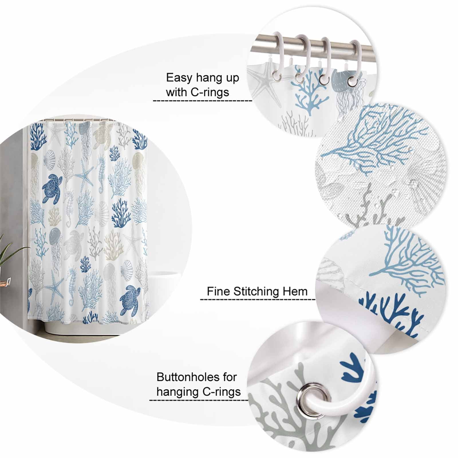 Navy Blue Coastal Waterproof Fabric Shower Curtain, Nautical Summer Beach Coral Sea Turtle Shower Curtain for Bathroom Curtains Bathtubs Hotel Washable Shower Curtains with 12 Hooks Extra Long 72x96