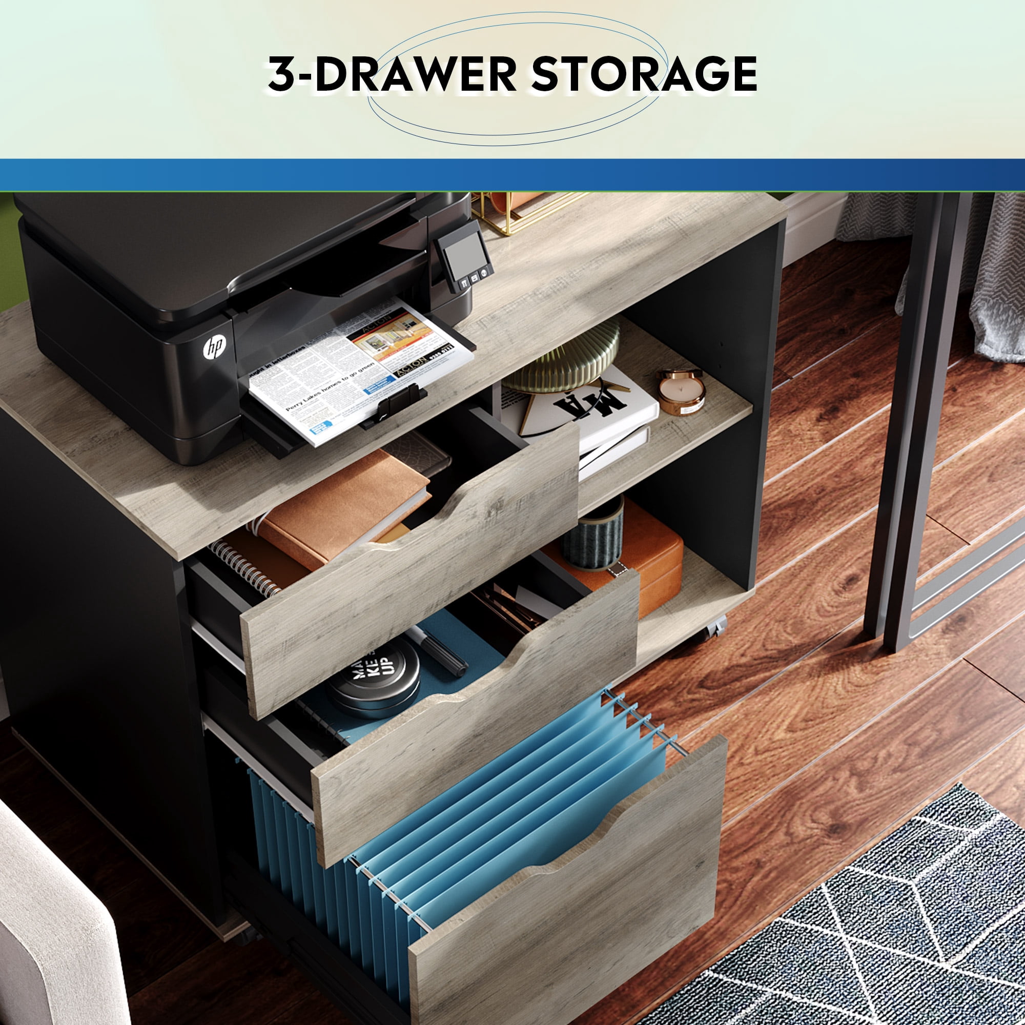 GALAXHERO 3 Drawer File Cabinet, Mobile Printer Stand with Storage Shelves, Wood Lateral Filing Cabinet, Office Storage Cabinet for Home Office, Greige