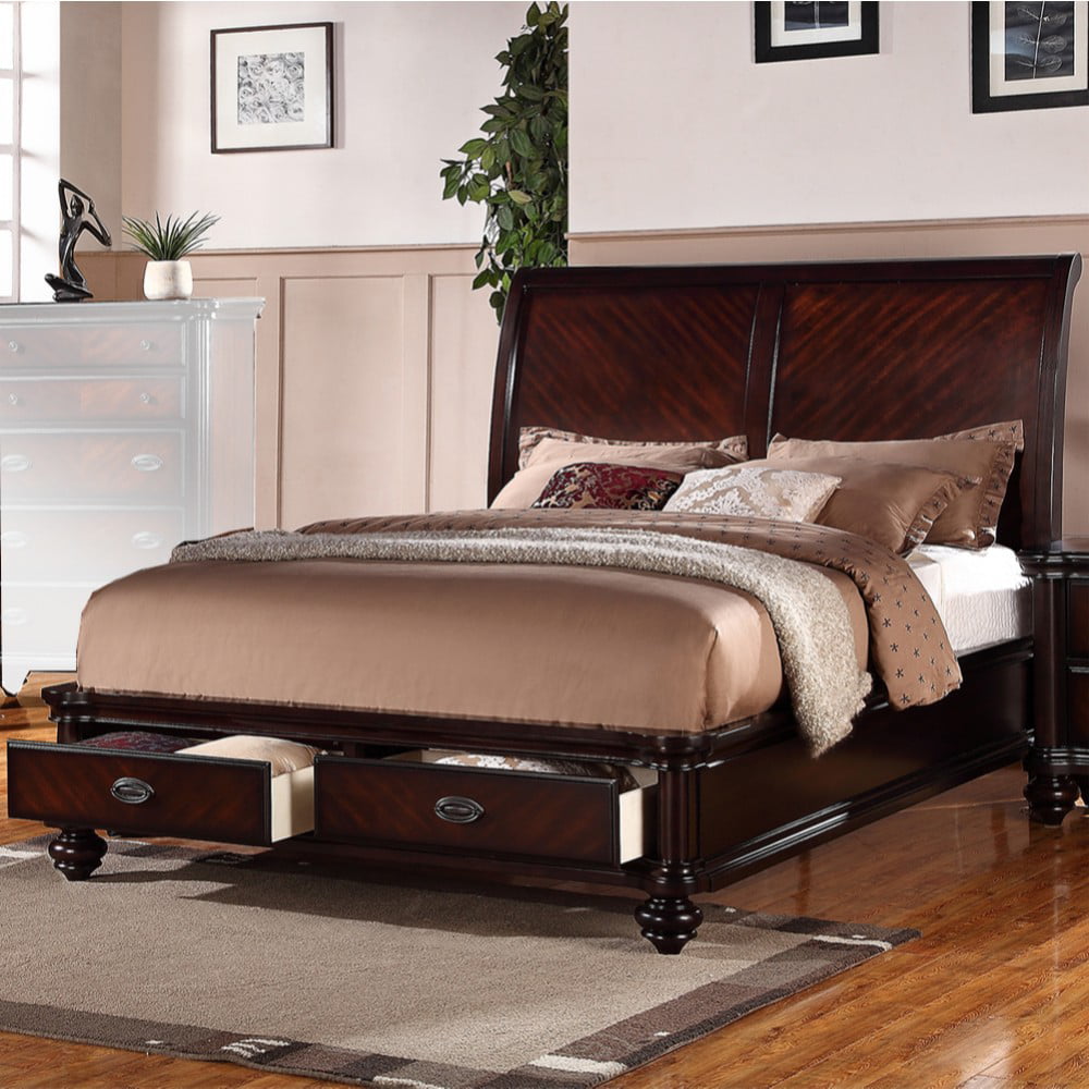 Immaculate Wooden Queen Bed With 2 Under Bed Drawers, Smooth Cherry