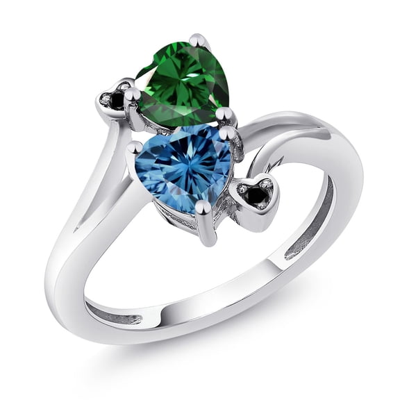 Gem Stone King 1.53 Cttw Green Nano Emerald Persian Blue Moissanite and Black Diamond Ring for Women | 925 Sterling Silver | Heart Shape 6MM | Gemstone May Birthstone | Size 9