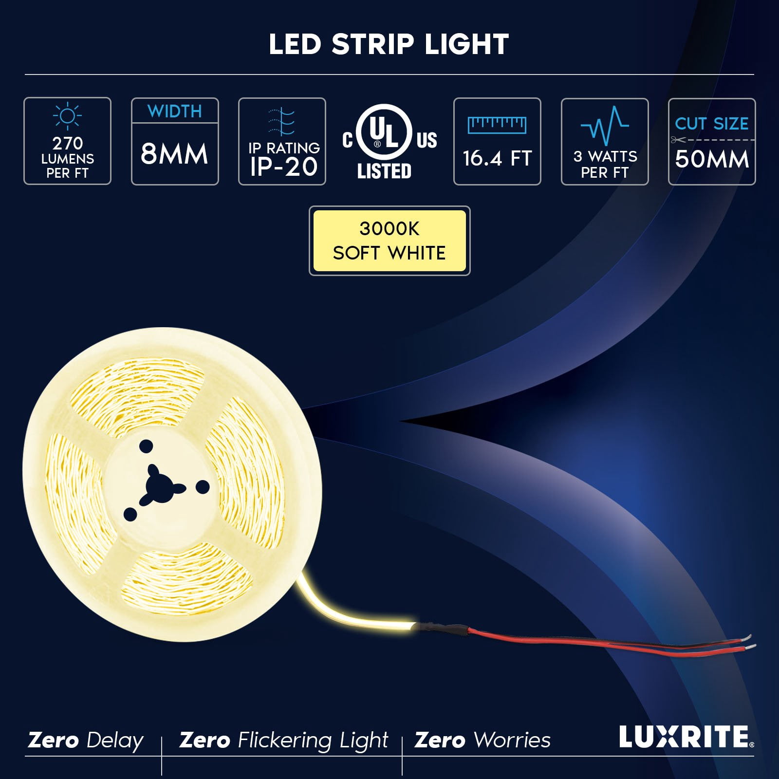 Luxrite LED Strip Lights 16.4FT, 3000K Soft White, 8mm, 270 Lumens/FT, Cut to Length, 3W/FT, CRI 90, UL Listed