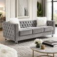 thumbnail image 3 of HUMEHA 83 Inch Gray Velvet Tufted 3‑Seat Sofa, Square Arms with Button Detail, Nailhead Trim, Crystal Acrylic Legs for Living Room, Bedroom, 3 of 8
