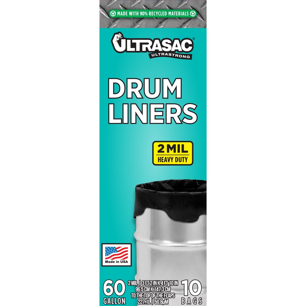 Ultrasac Drum Liners, 60 Gallon, 2 Mil, 38"x 58", Black, 10 Count