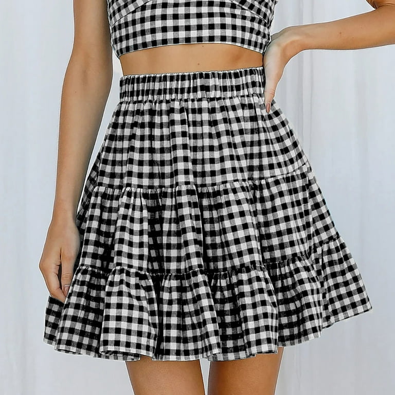 Huaai Skirts For Women Women s Summer Cute High Waist Ruffle Skirt Print Swing Beach Mini Skirt Maxi Skirt Black XL