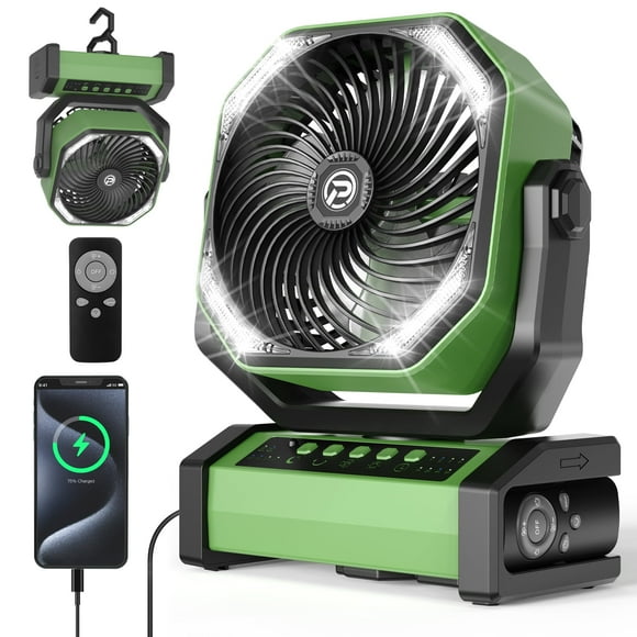 Ventilador de camping KITWLEMEN de 20000 mAh con luz LED con control remoto de 4 temporizadores