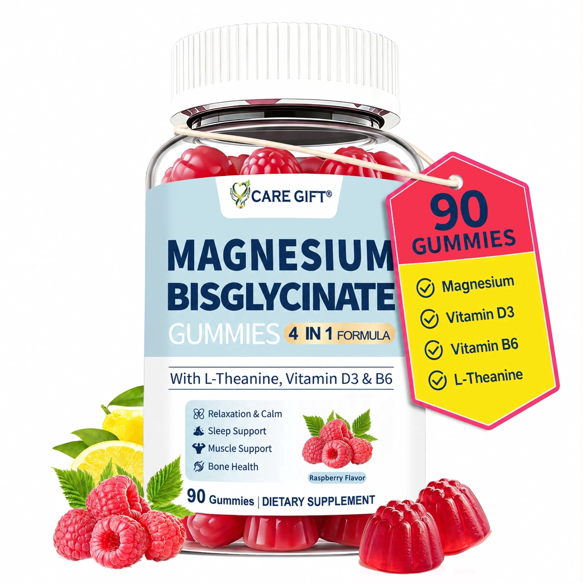 400mg Chelated Magnesium Bisglycinate Gummies with D3, B6 & L-Theanine – Sleep, Calm & Bone Support, 90 Raspberry Gummies