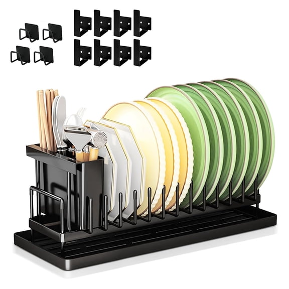 9 Pack Dish Drying Rack Set with Drain Board, Dish Rack Over the Sink with Utensil Holder, Plate Storage Rack for Kitchen Counter,Black (16.3×6.5×6.8in)