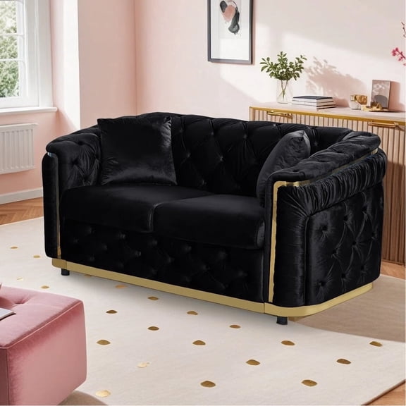 Wiilayok 62.6" Velvet Button Tufted Sofa, Mid-Century Classic Chesterfield Sofa Couch with Thick Backrest,Gold Stainless 2 Love Seat Couches for Living Room,Black