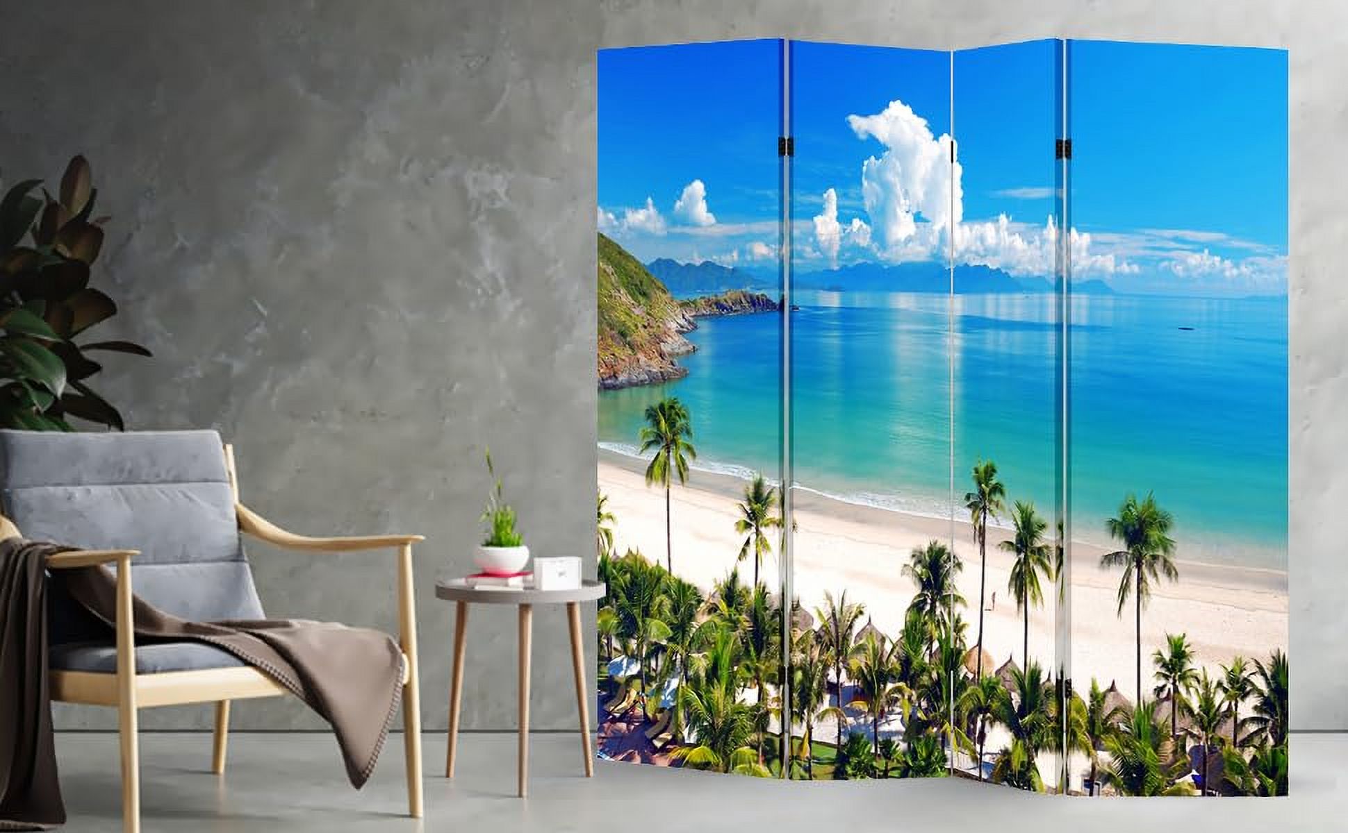 4 Panels Privacy Screen Room Divider Partition with Beach Hut Canvas, Water Resistant for Living Room, Bathroom, Home Office or College Dorm, Wood Frame
