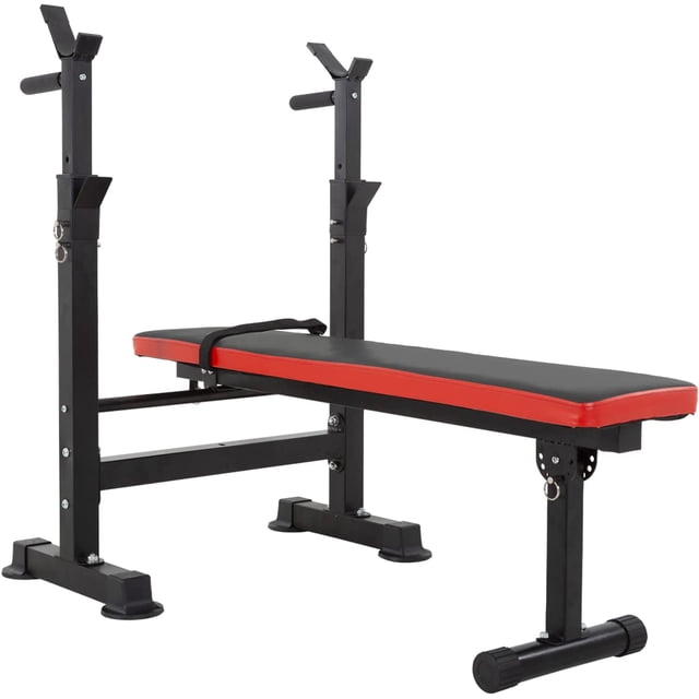 PayLessHere Banc de Musculation Réglable avec Support pour Barres, Banc Pliant Multifonction avec Station de Trempage et Barre de Courbure, Banc de Musculation pour Gym à Domicile
