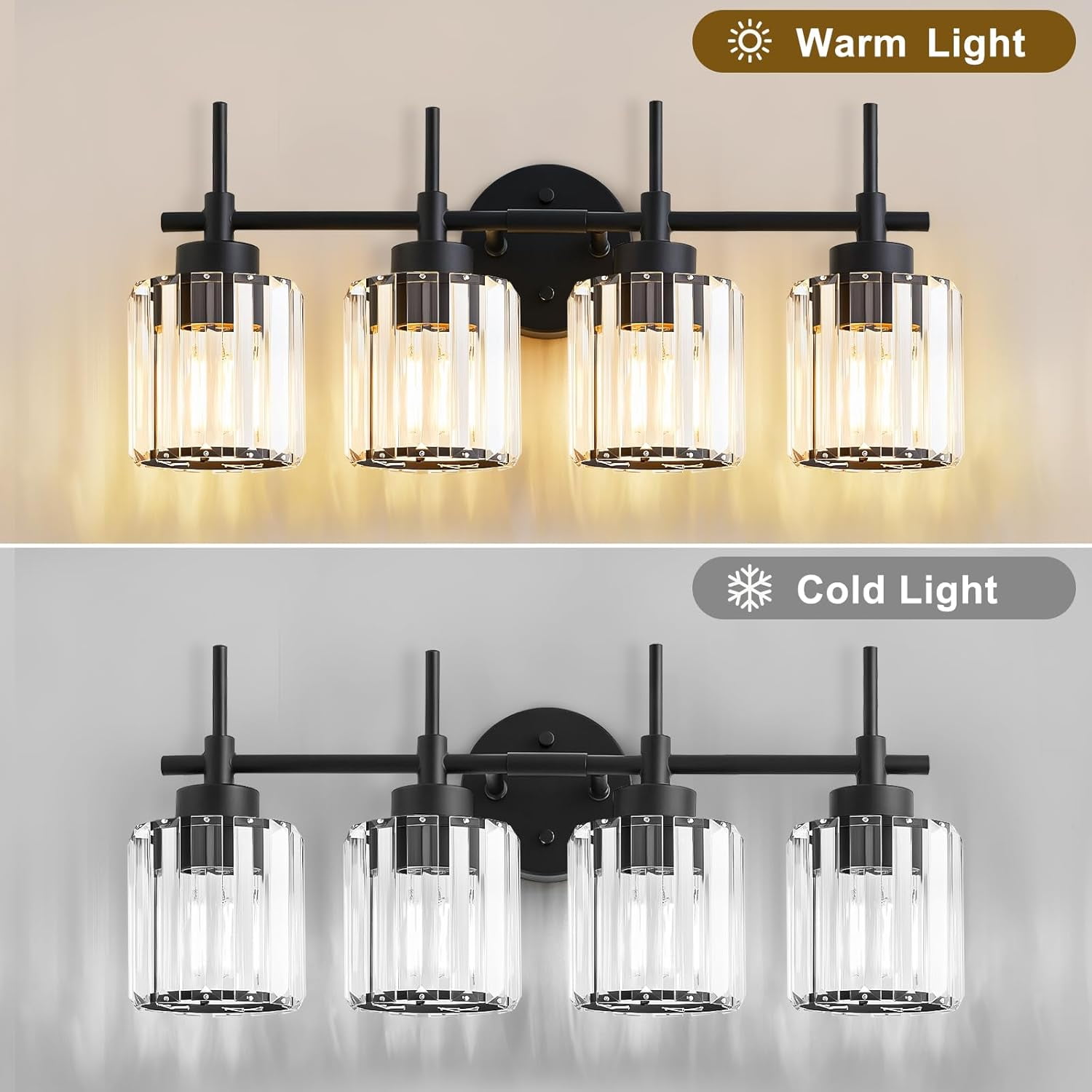 NATYSWAN 4 Light Round Crystal Vanity Lights, Modern Black Crystal Wall Light Bath Mirror Light Fixture Over Mirror Bathroom Wall Sconces for Bathroom Living Room