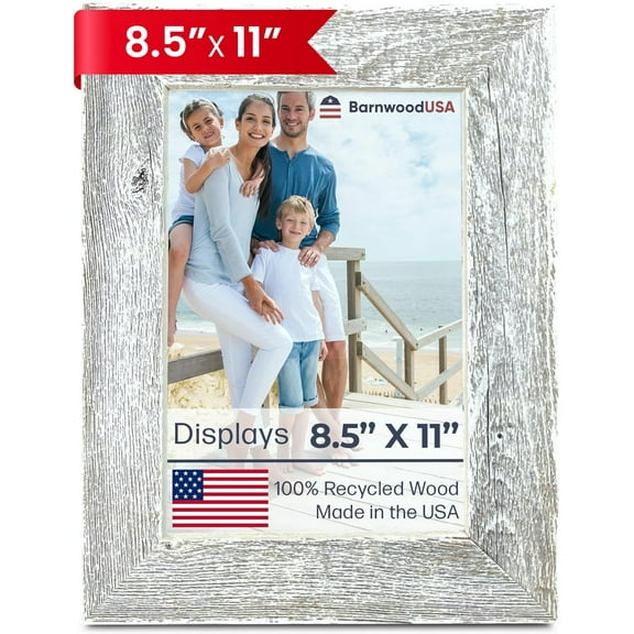 Farmhouse 8.5x11 Picture Frame 1 1/2 inch Molding 100% Reclaimed Wood Rustic White Wash