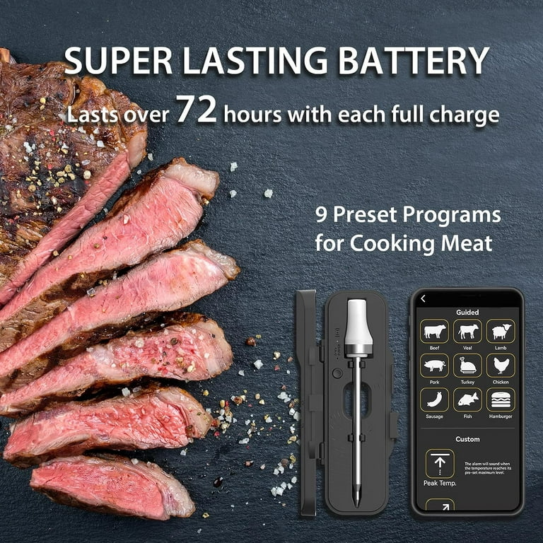 Te-Rich Wireless Meat Thermometer, Bluetooth Digital Food Grill Thermometer  [Oven Safe/Timer/App Connected/] with 6 Temperature Probe for Smoker