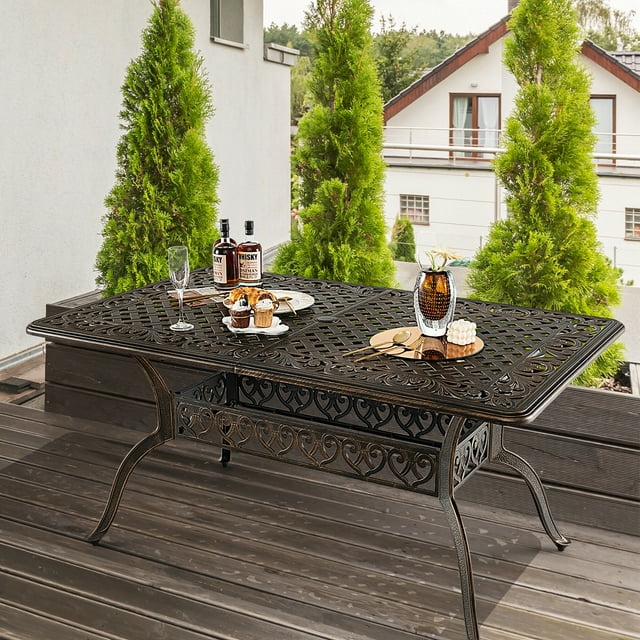 Gymax 59'' Patio Rectangle Dining Table Outdoor Cast Aluminum Table w/ Umbrella Hole