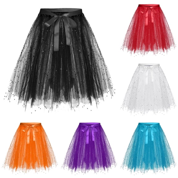 Women's Sequin Tulle Tutu Skirt Layered Dance Performance Skirt with Belt