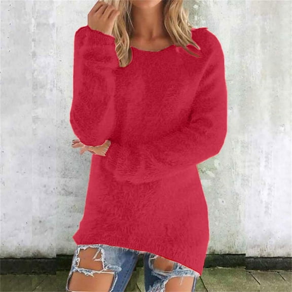 Resicozy Womens Cute Sweaters Casual Crewneck Pullover Long Sleeve Solid Soft Sweater Winter Clothes 2025 Red S
