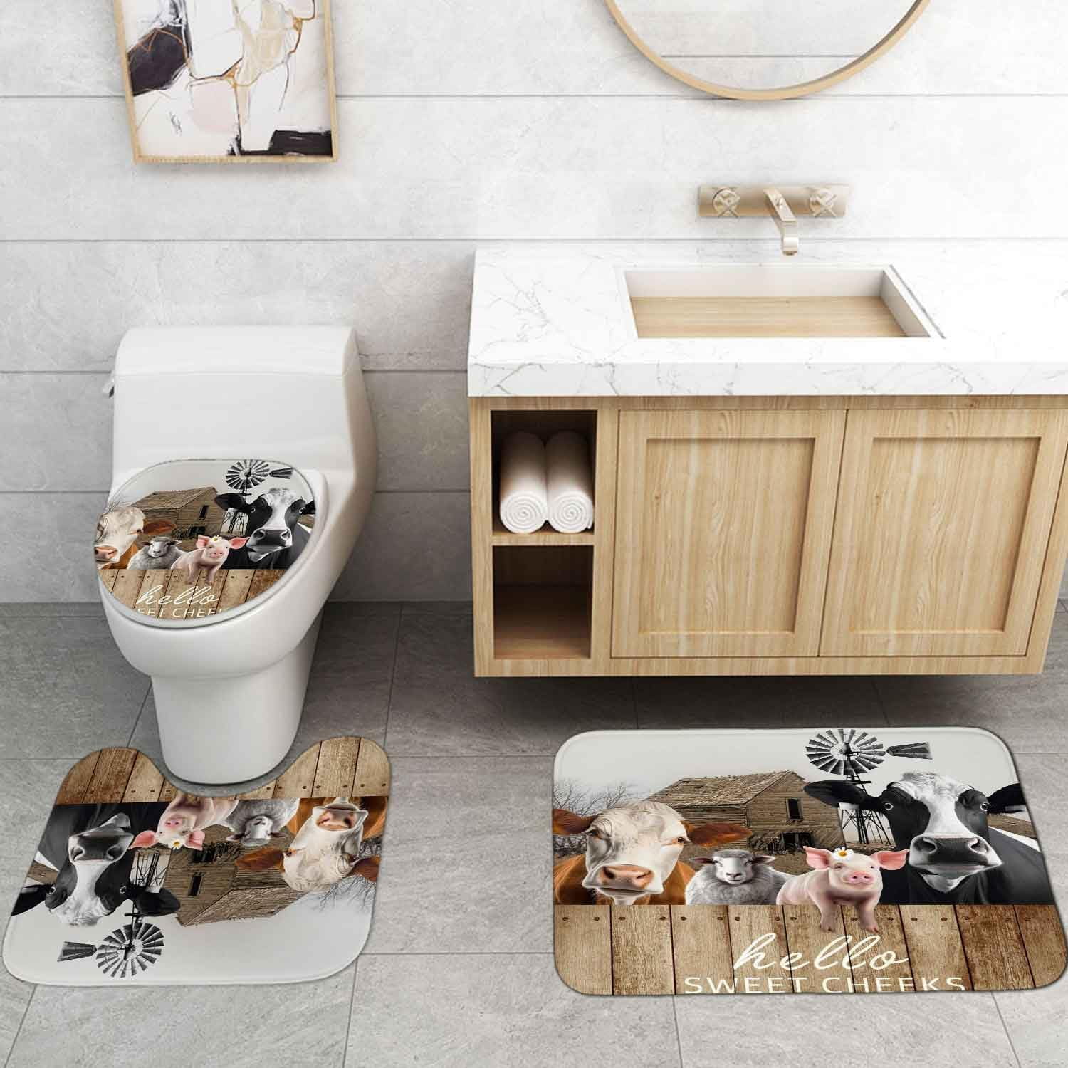 4PCS Funny Highland Cow Shower Curtain Set, Waterproof White Fabric Shower Curtain, Non-Slip Bath Mat Bathroom Rugs Sunflower Floral Farm Animal Western Country Rustic Farmhouse Bathroom Decor