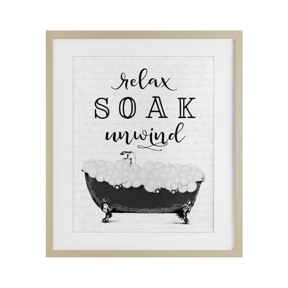 Soak Unwind Bubble Bath Birch Framed Print Under Glass, design by Lettered and Lined