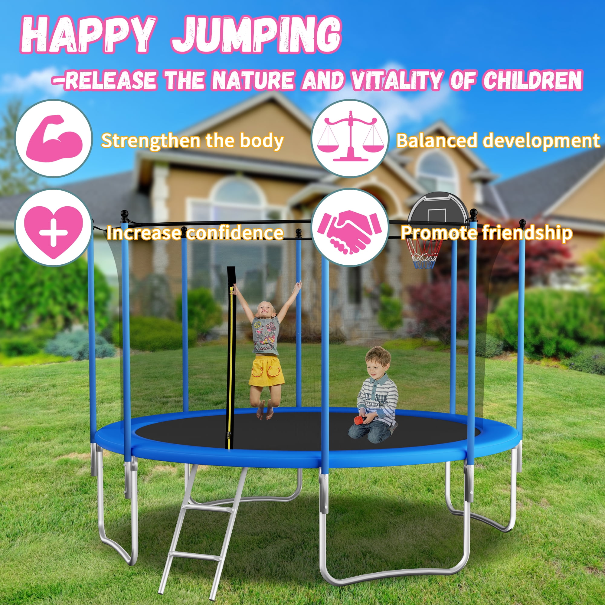 Shengchao Trade 1000LBS 12FT Trampoline for Adults and Kids,Trampoline with Enclosure,Basketball Hoop, Light,Recreational Trampoline with Ladder, Heavy Duty Trampoline Capacity for 4-6 Kids