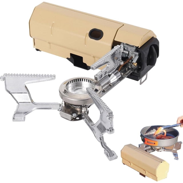 estufa portátil - - equipo de cocina de campamento con encendido electrónico, estufa de un solo quemador, estufa de camping para exteriores. Estufa portátil MACHAO beige en vista 3/4 con carcasa rectangular y base metálica desplegada; quemador de acero inoxidable, tres patas plegables dentadas de aluminio, riel de bloqueo y mecanismo interno para inserción de tanque. Incluye encendido electrónico, control de temperatura y potencia de 2600W; a menudo usada para cocinar en campamentos y excursiones.