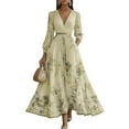 thumbnail image 2 of Women's V Neck Floral Printed Pleated Dress Long Sleeve Flowy A Line Party Maxi Cocktail Dresses Light Yellow M, 2 of 7