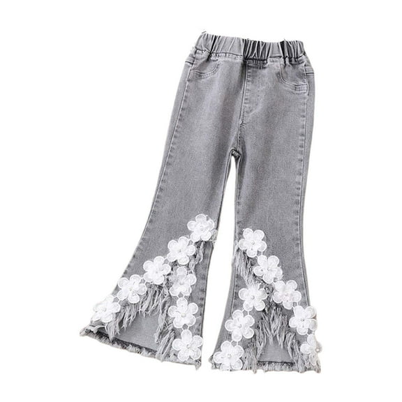 EnJoCho Toddler Girls Denim Pants 3D Flower Print 𝖱uffles Lace Jeans Baby Kids Trousers 3-12 Years Fashion Skinny Pants