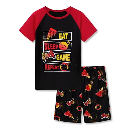 Tebbis Summer Pajamas For Little Boys Sleep Face & Game Graphic Red Short Sleeves Soft PJs Set Kid Size 8 Plus