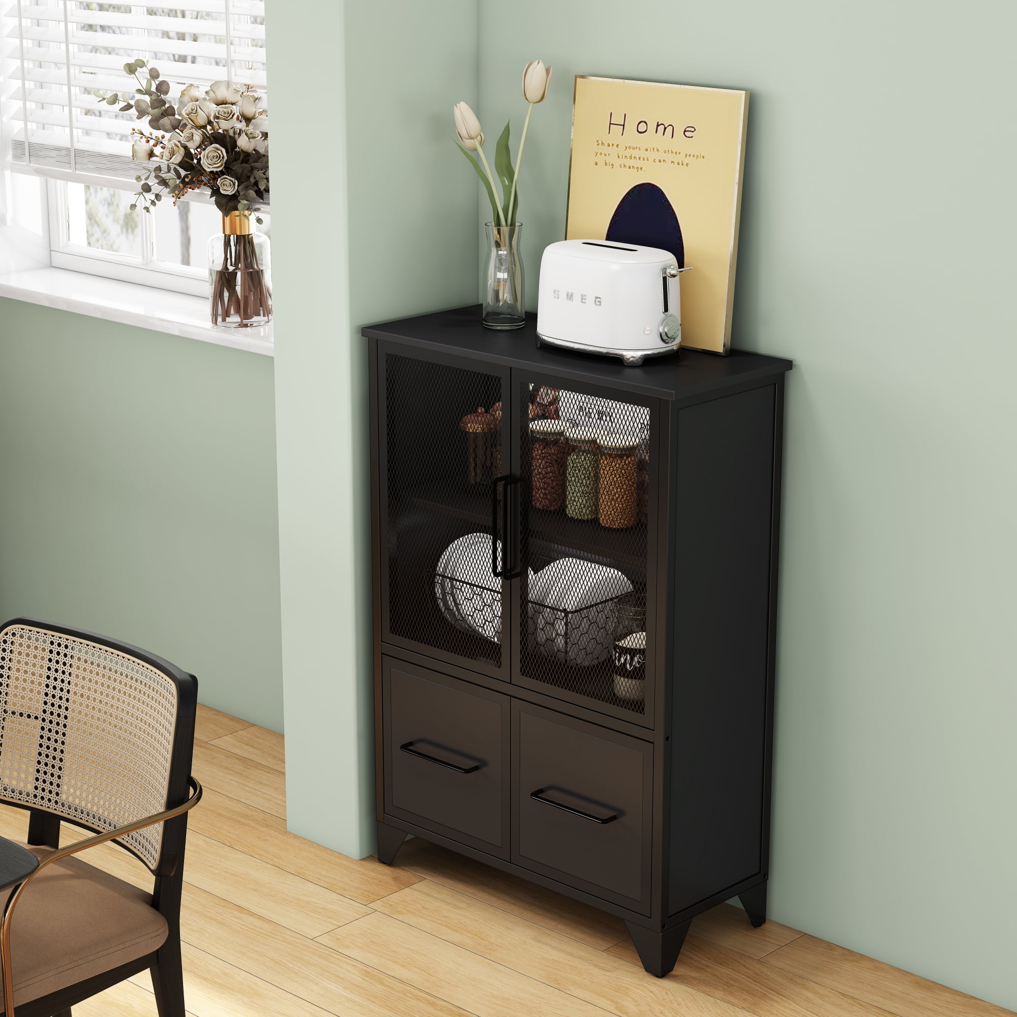 Storage Cabinet,3-Tier Farmhouse Kitchen Sideboard With Adjustable Shelf & 4 Iron Doors for Living Room,Kitchen,Black