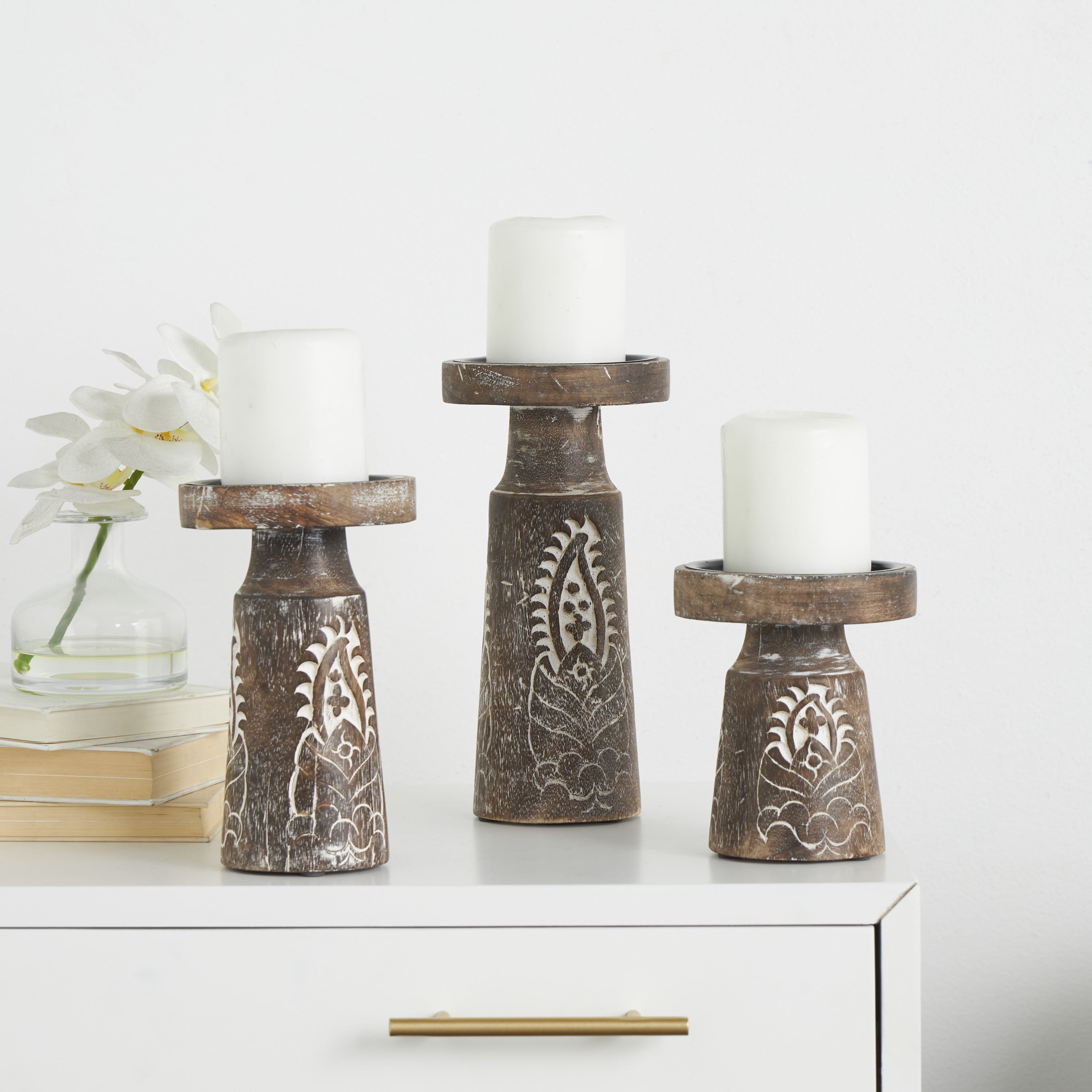 DecMode 3 Candle Dark Brown Mango Wood Tribal Pillar Candle Holder, Set of 3