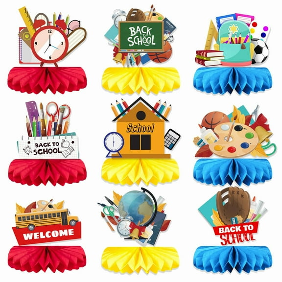 HCTSHG 9-Piece School Honeycomb Decorations Set, 6-Inch Diameter Paper Honeycomb Centerpieces in Red, Green, Yellow, Blue, for Back to School Table Top and Hanging Beehive Decor