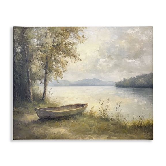 Stupell Industries Boat at Lake's Edge Landscape & Nature Painting Wrapped Canvas Canvas Art Print Wall Art, 20 x 16