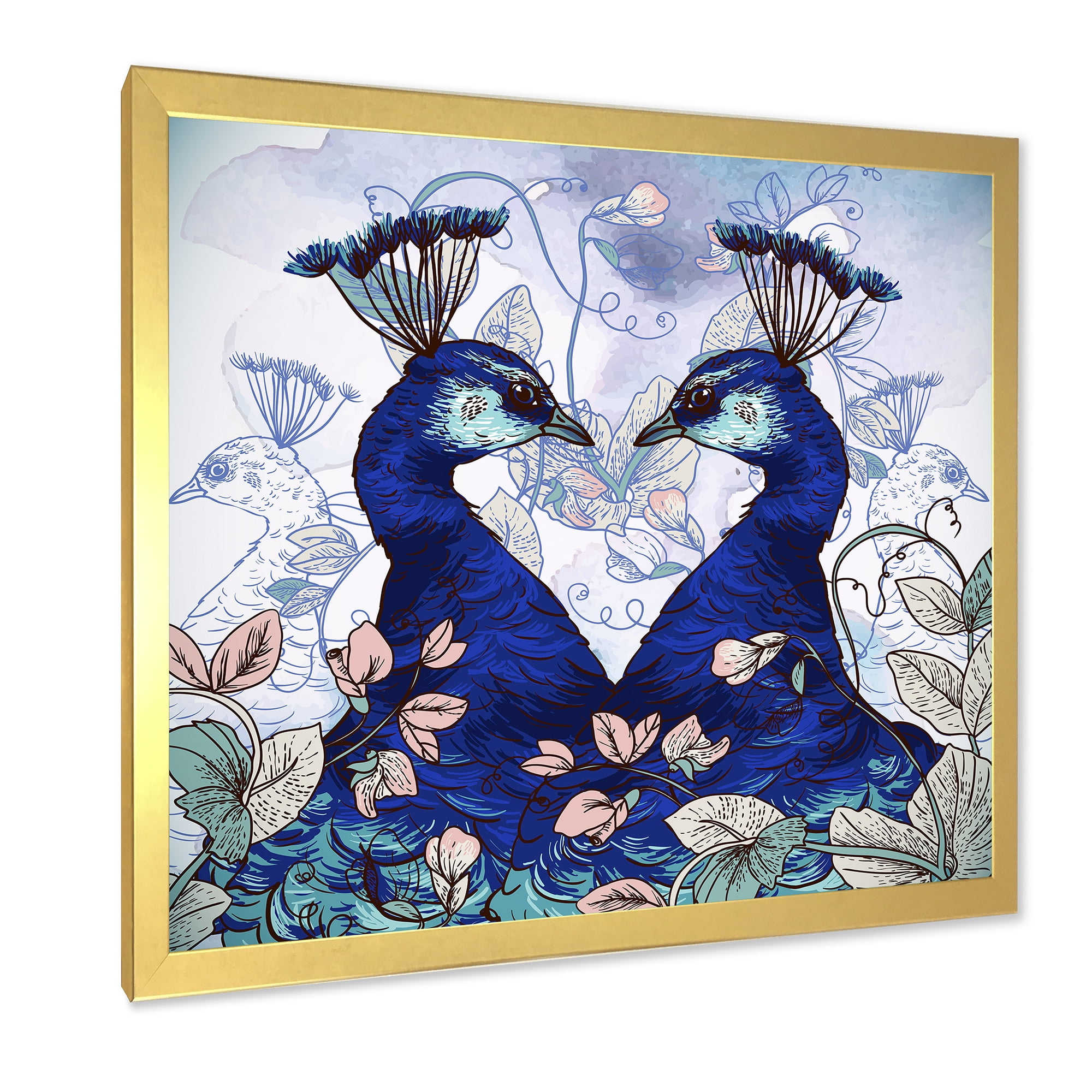 Designart 'Wildflowers With Two Blue Peacocks' Traditional Framed Art Print