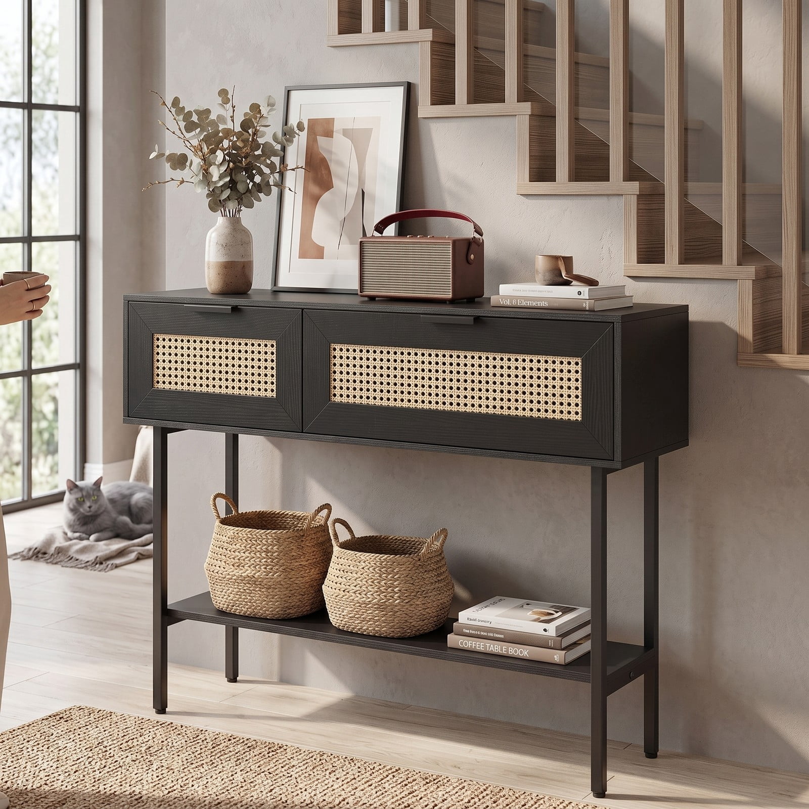 Furnibear Rattan Console Table with 2 Storage Drawers and Open Shelf and Carbon Steel Frame for Entryway and Hallway, Black