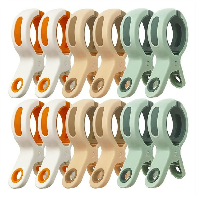 12 Pinzas para Toallas de Playa para Sillas, Cruceros y Piscinas. Pinzas de Plástico Grandes en 3 Colores Brillantes.