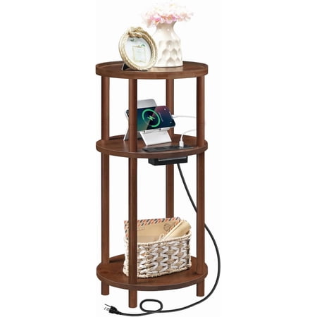 Small Round Side Table with Charging Station 3-Tier Round Bamboo End Table Compact Sofa Bedside Table for Small Space Easy Assembly for Living Room Bedroom Apartment Natural YL152U