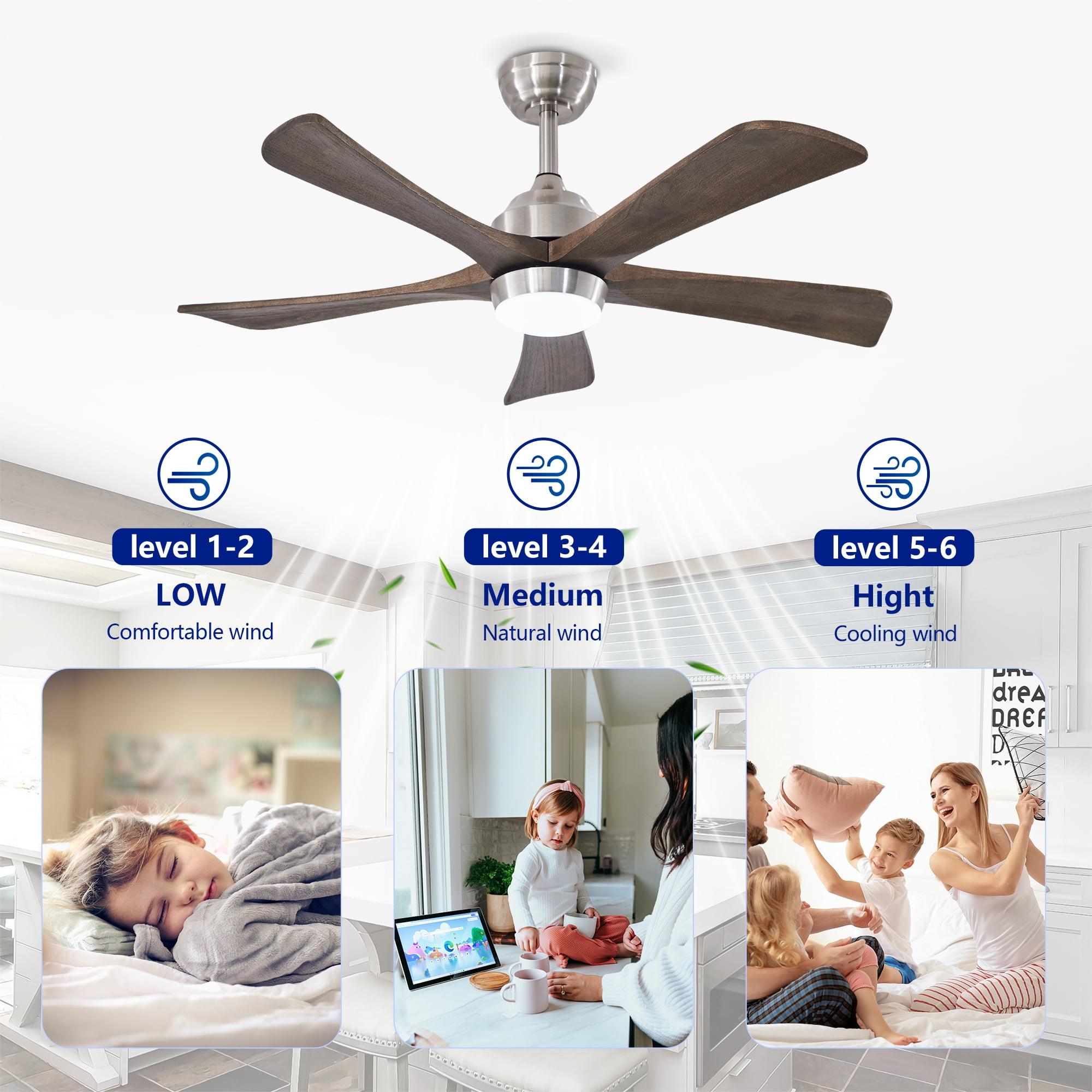 Leumius 42" Solid Wood Blades Ceiling Fan with Light and Remote Control,Quiet DC Motor 5 Blade Ceiling Fans 6 Speed Levels,Reversible for Patio Living Room Bedroom Office Black Nickel