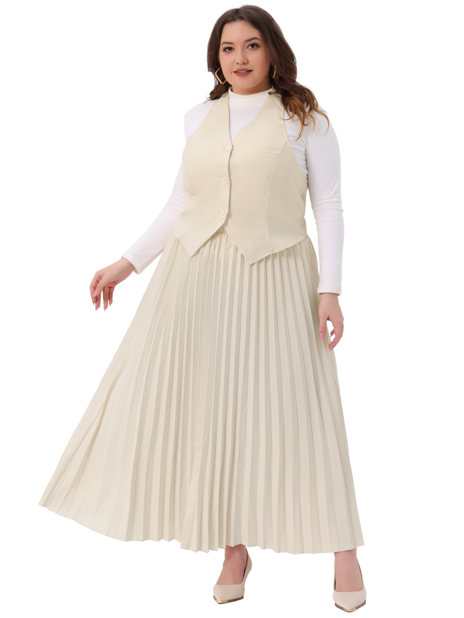 DARING DIVA Women's Plus 2 Pieces Halter Top Pleated Maxi Skirt Set Beige 3X
