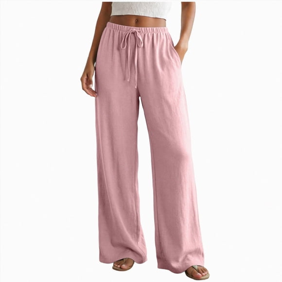 Gubotare Summer Pants for Women Wide Leg Pants for Women Flowy Palazzo Drawstring Elastic Waist Trousers with Pockets Summer Beach Vacation Clothes (Pink,S)