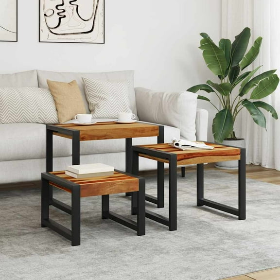 vidaXL Nesting Tables Set of 3, Side Tables for Living Room, Bedroom, Office, Solid Sheesham Wood