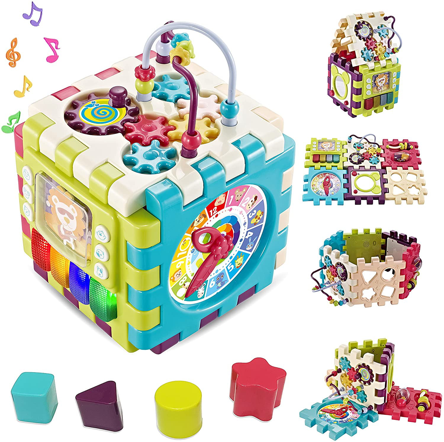 deAO 7-in-1 Educational Cube with Shapes Sorting & Music for Babies & Toddlers 