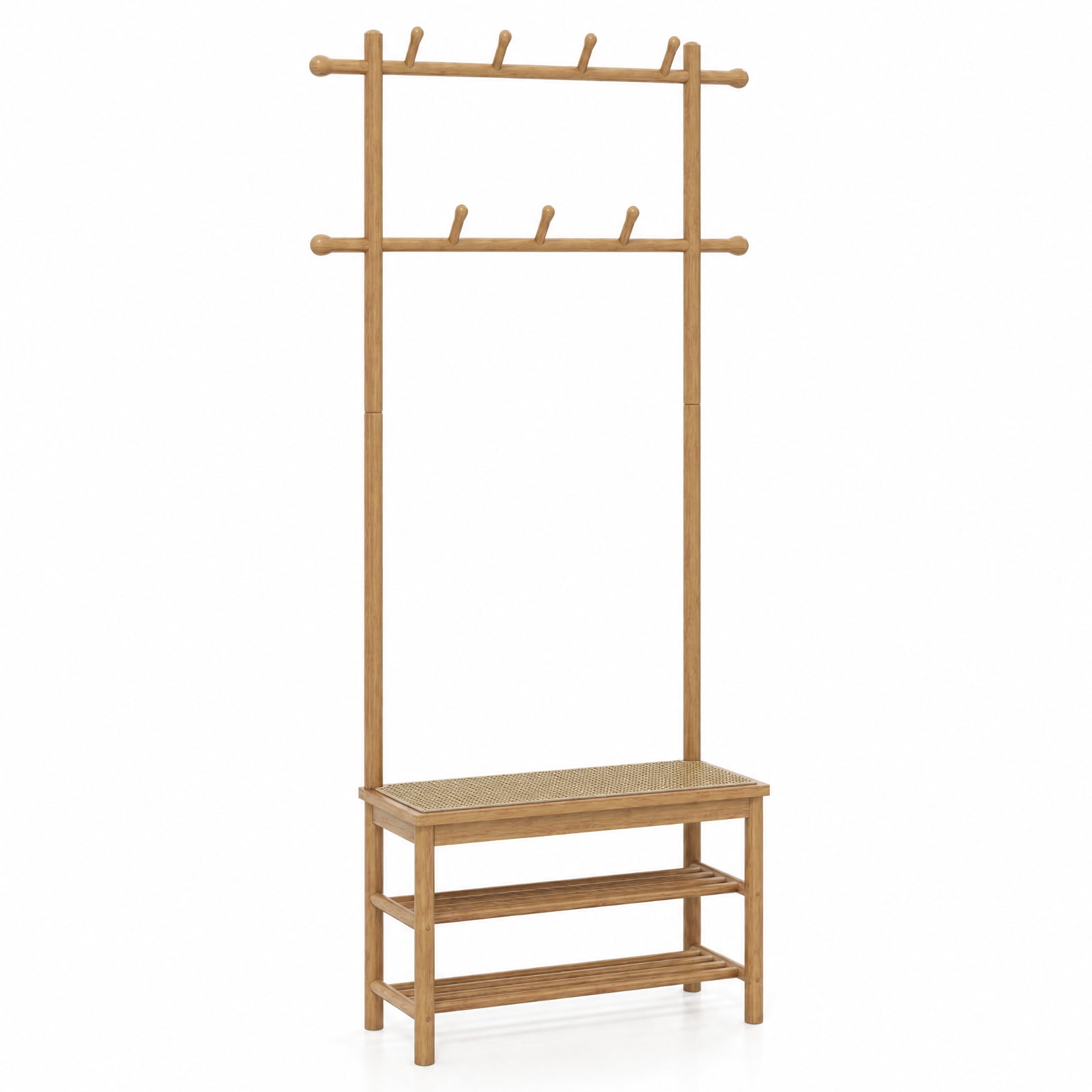 Furnibear 3 in 1 Bamboo Hall Tree Coat Rack with Bench and Shoe Storage and 11 Hooks for Entryway and Foyer and Hallway, Natural