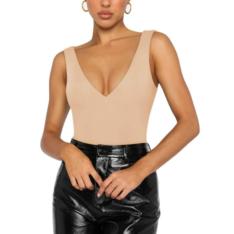 Licupiee Women Sexy Slim Fitted Deep V-Neck Top Sleeveless Plunge Neck  Backless Low Cut Tank Top Going Out Skinny Shirt Streetwear