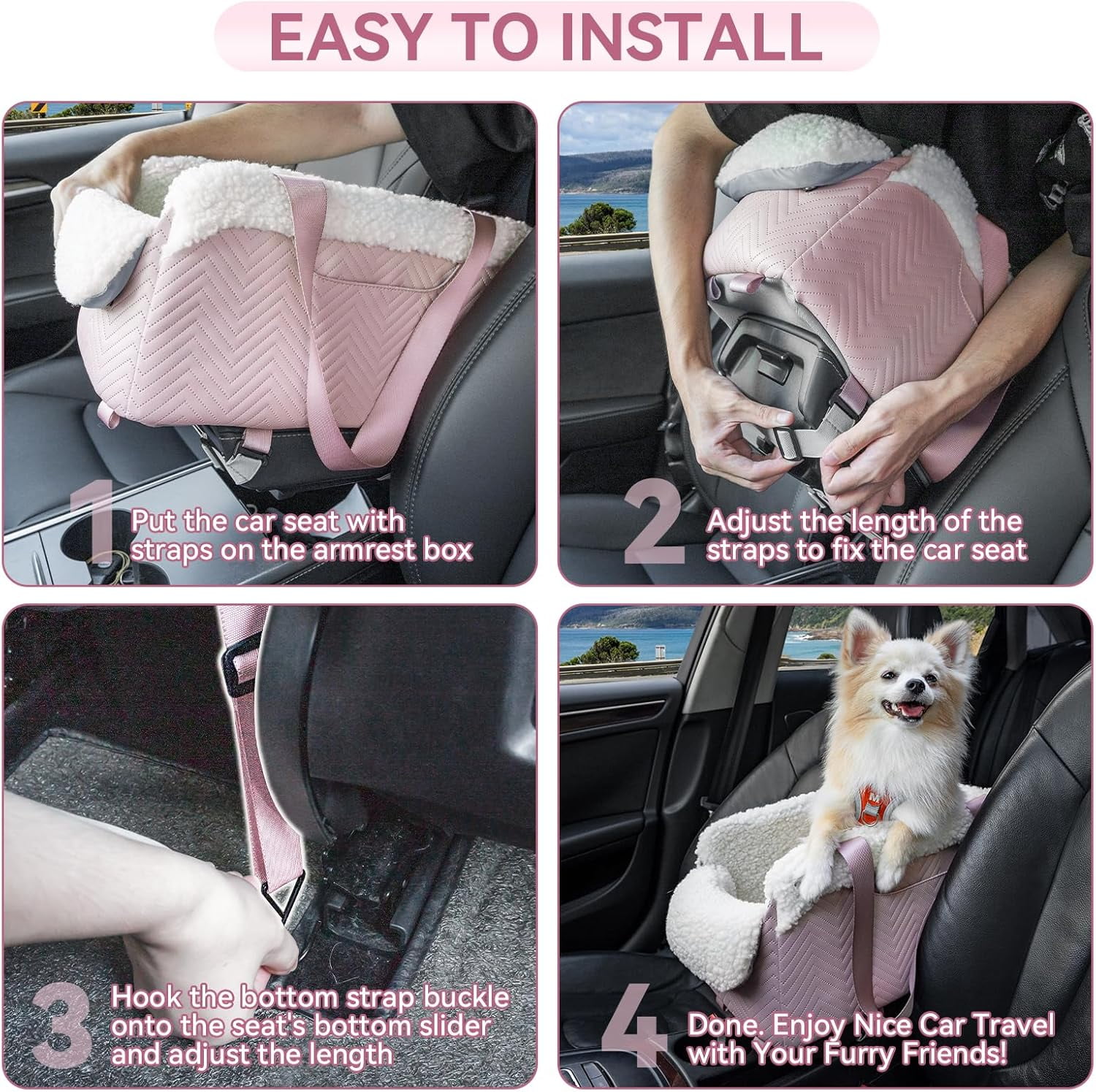 Car  Portable Console Dog  with Safety Hooks for Small Pets  to 9 lbs Pink