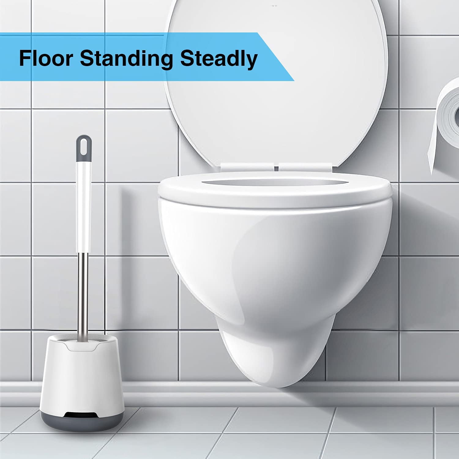 WOTEK Toilettenbürste Klobürste Silikon mit Schnell Trocknendem Halter Stehen WC Bürste Edelstahl Griff für Badezimmer und Toilette