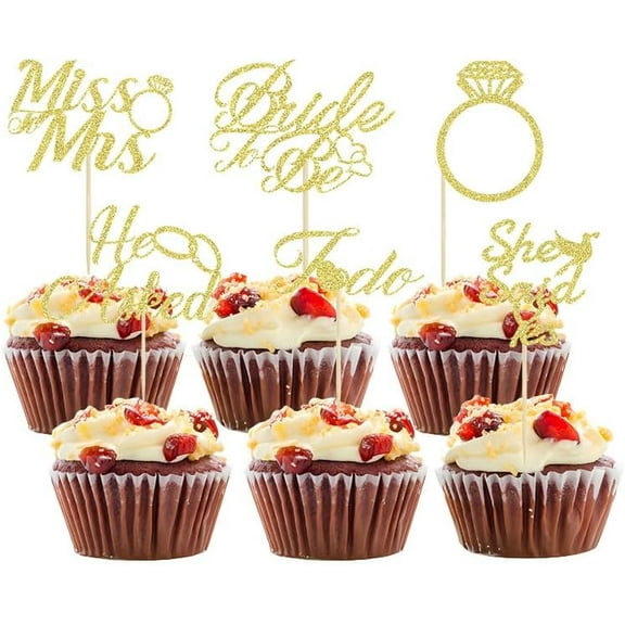 12pcs Gold Glitter Bride to Be He Asked Cupcake Toppers with Ring Dress Bridal Shower for Wedding Engagement Party Cake Decorations Supplies